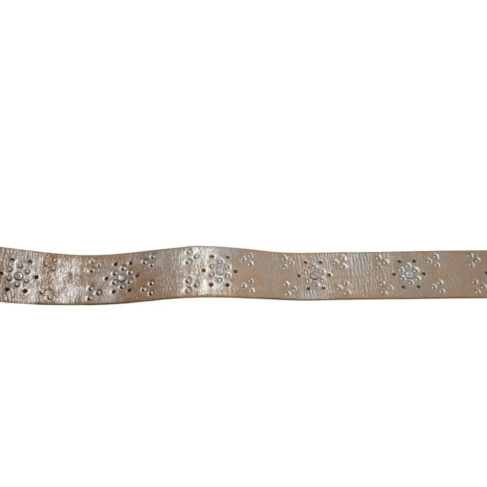 Aeropostale Western Studded Rhinestone Leather Belt‎ Sz S Tan Metallic Silver